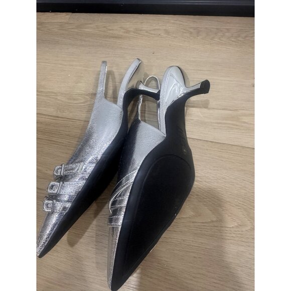 Silver Slingback Pointed-Toe Heels With Embellished Straps 2-Inch Kitten Heel By - Picture 5 of 8